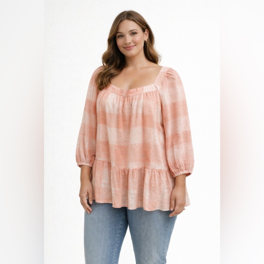 Chaps Size XL Peach Pink 100% Gauze Cotton Ruffle Hem 3/4 Sleeve Shirt